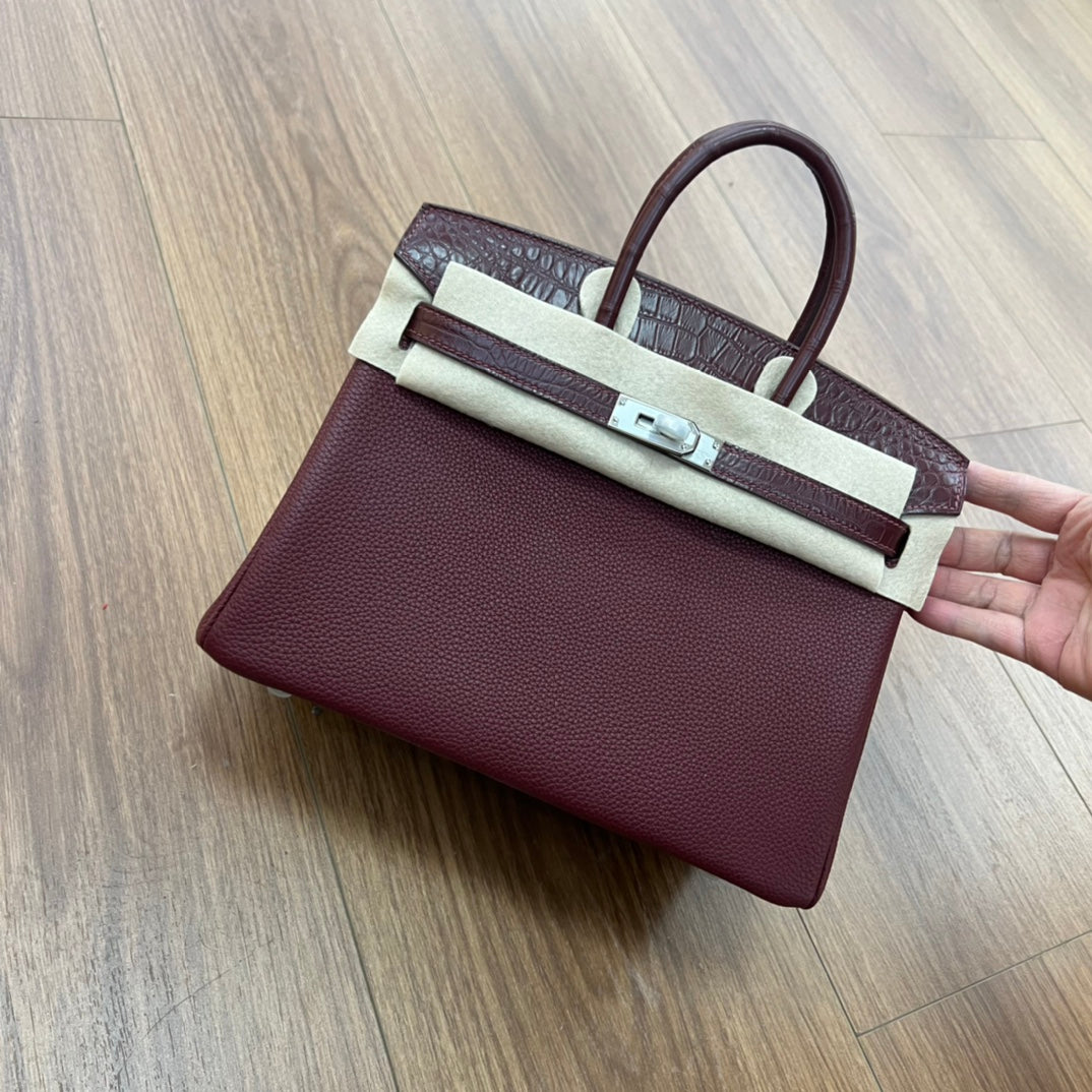 Elegant Burgundy and Cream Two-Tone Leather Handbag with Croc-Embossed Detail
