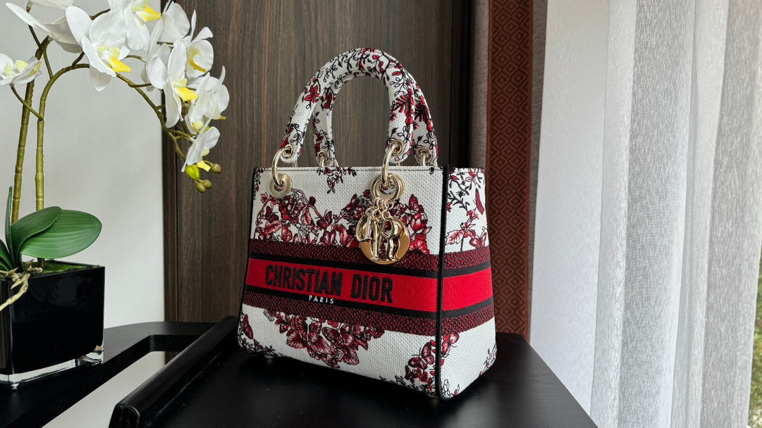 Dior Red and White Floral Canvas Top Handle Handbag with Shoulder Strap
