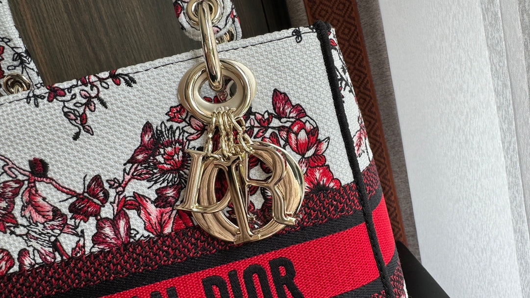 Dior Red and White Floral Canvas Top Handle Handbag with Shoulder Strap