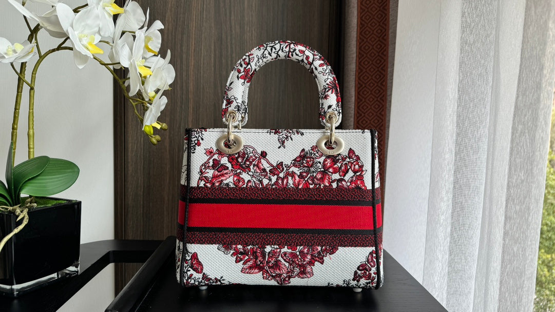 Dior Red and White Floral Canvas Top Handle Handbag with Shoulder Strap