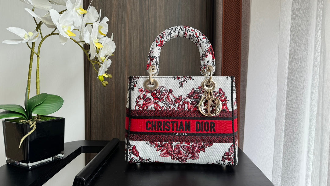 Dior Red and White Floral Canvas Top Handle Handbag with Shoulder Strap