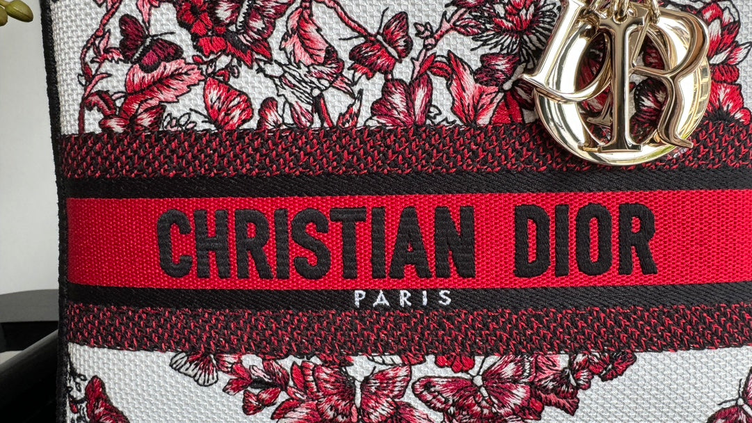 Dior Red and White Floral Canvas Top Handle Handbag with Shoulder Strap