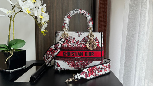 Dior Red and White Floral Canvas Top Handle Handbag with Shoulder Strap