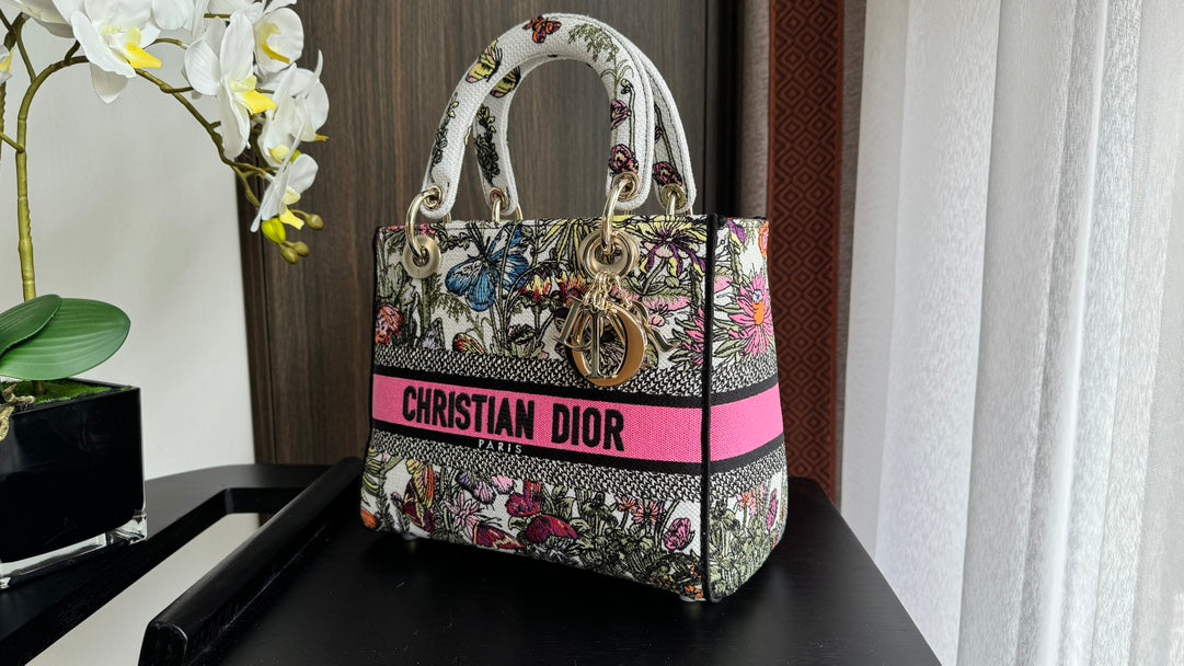 Dior Elegant Floral and Butterfly Embroidered Canvas Handbag with Strap