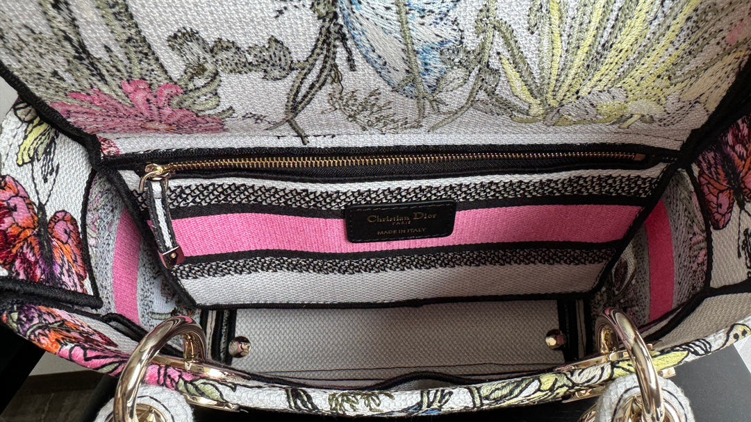 Dior Elegant Floral and Butterfly Embroidered Canvas Handbag with Strap