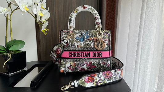 Dior Elegant Floral and Butterfly Embroidered Canvas Handbag with Strap