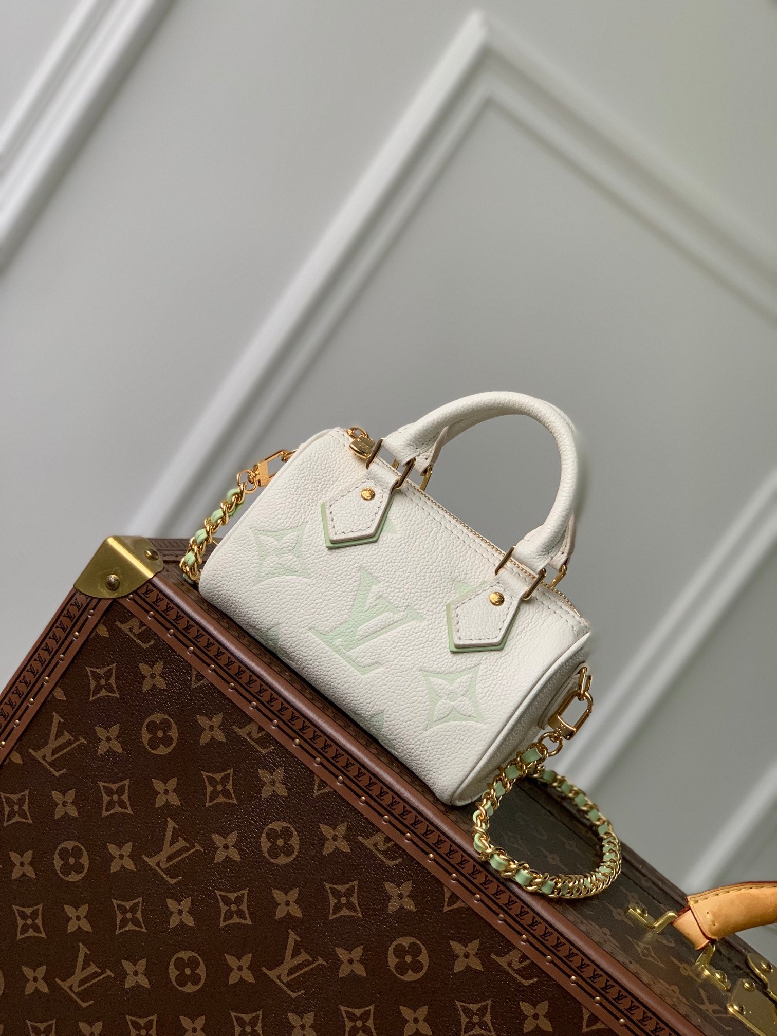 Louis Vuitton Mini Cream Leather Top Handle Bag with Sage Green Monogram and Gold Chain