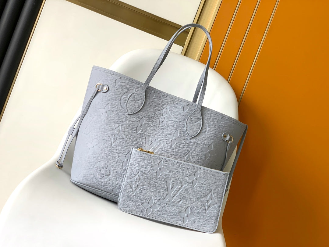 Louis Vuitton Light Blue Embossed Monogram Pattern Leather Tote Shoulder Bag