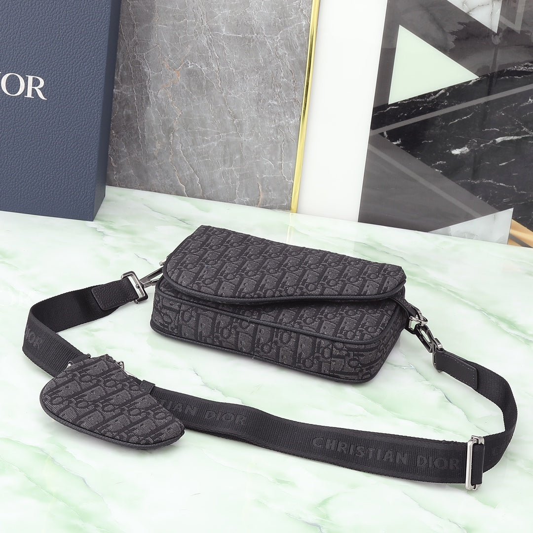 Dior Black Monogram Crossbody Messenger Bag with Detachable Pouch
