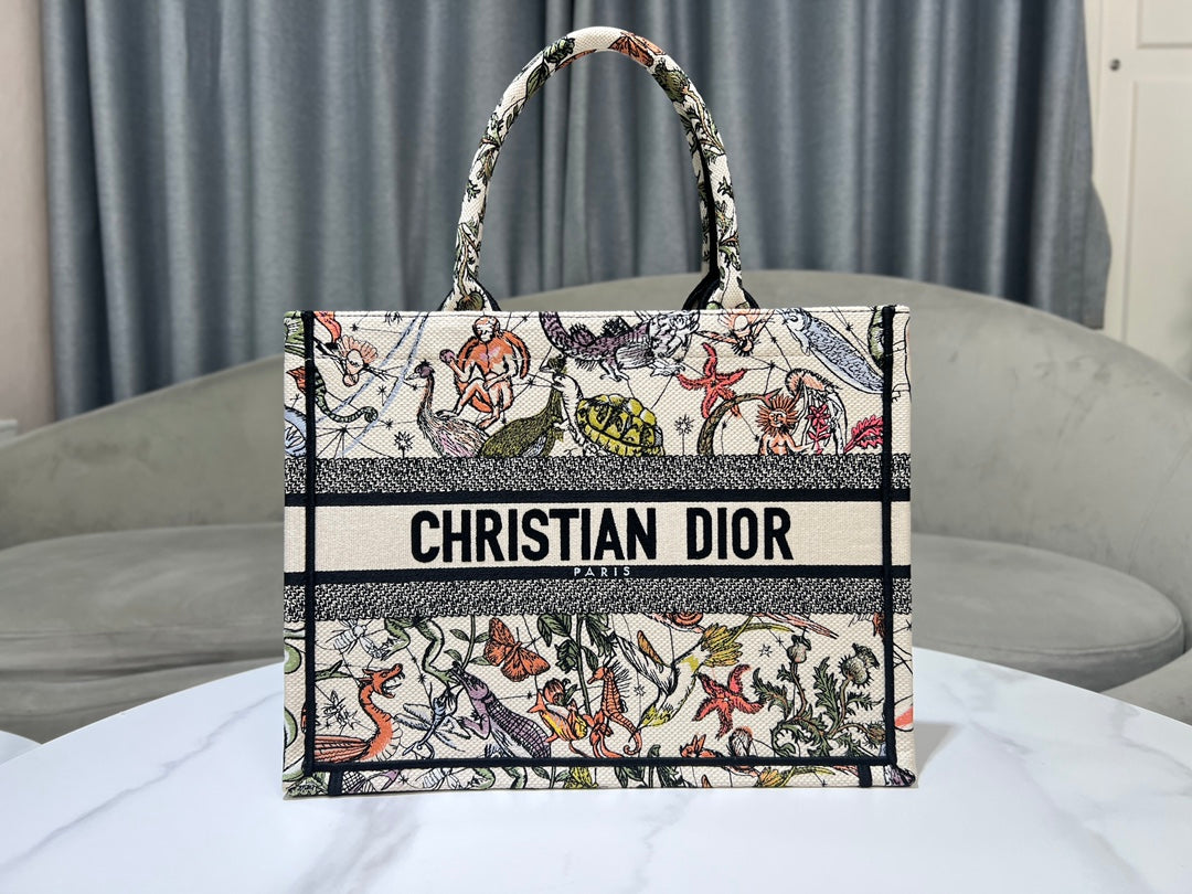 Dior Vintage Botanical and Animal Print Canvas Tote Bag with Top Handles