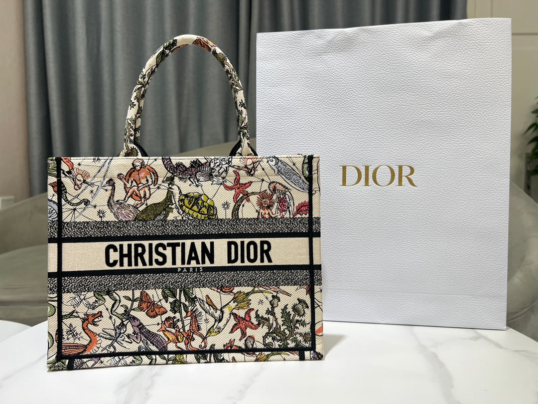 Dior Vintage Botanical and Animal Print Canvas Tote Bag with Top Handles