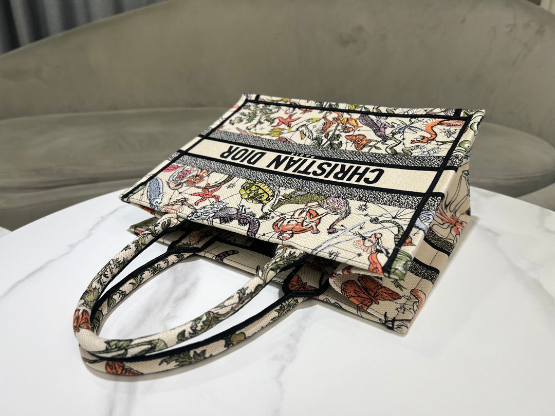 Dior Vintage Botanical and Animal Print Canvas Tote Bag with Top Handles