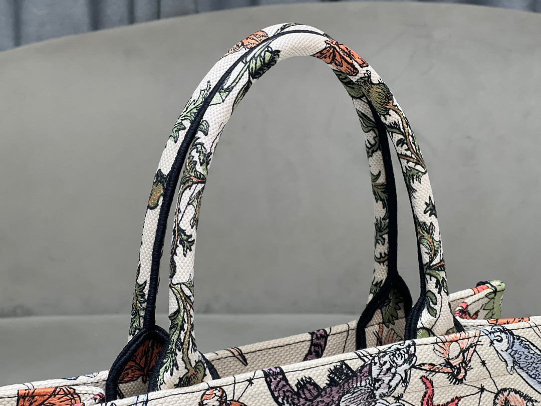 Dior Vintage Botanical and Animal Print Canvas Tote Bag with Top Handles