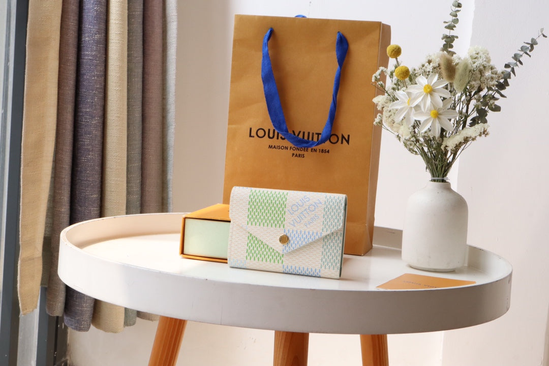 Louis Vuitton Women's Pastel Checkered Leather Card Holder Envelope Wallet