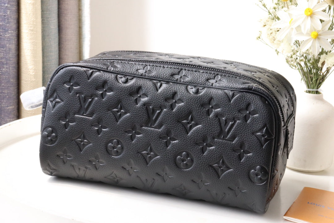 Louis Vuitton Luxury Black Embossed Monogram Dopp Kit Travel Toiletry Bag