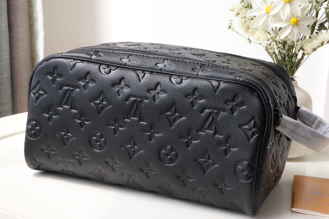 Louis Vuitton Luxury Black Embossed Monogram Dopp Kit Travel Toiletry Bag
