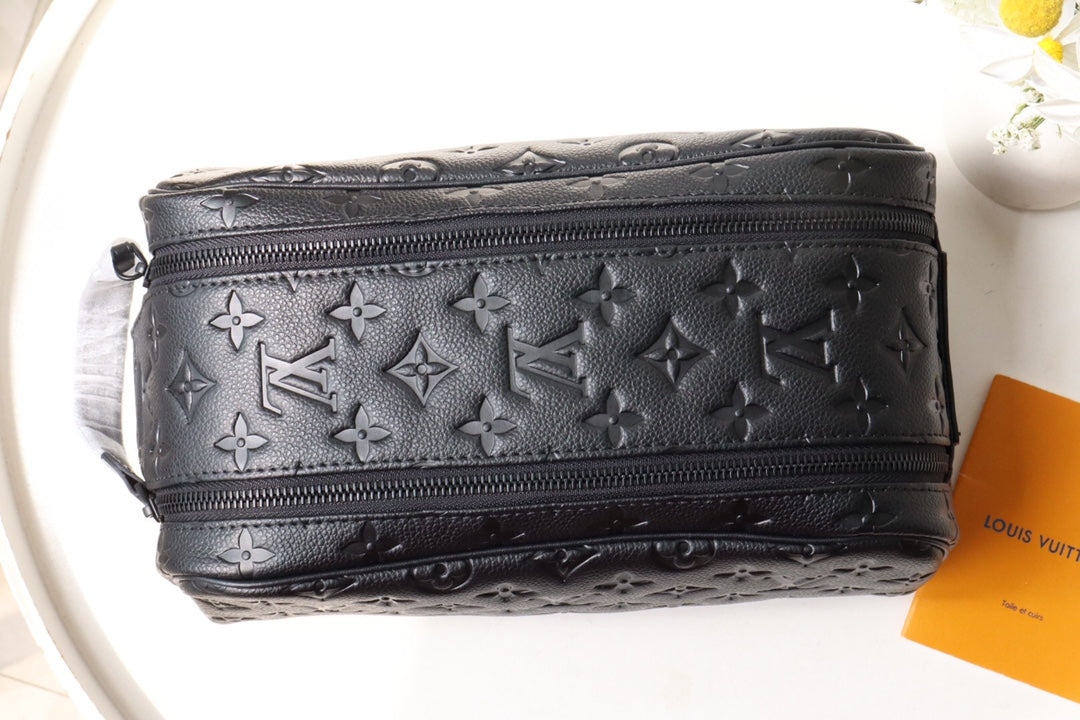 Louis Vuitton Luxury Black Embossed Monogram Dopp Kit Travel Toiletry Bag