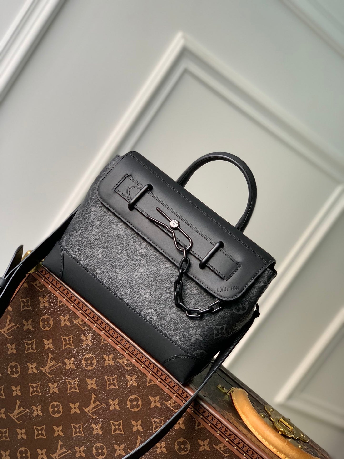 Louis Vuitton Black Monogram Pattern Canvas Crossbody Handbag with Top Handle