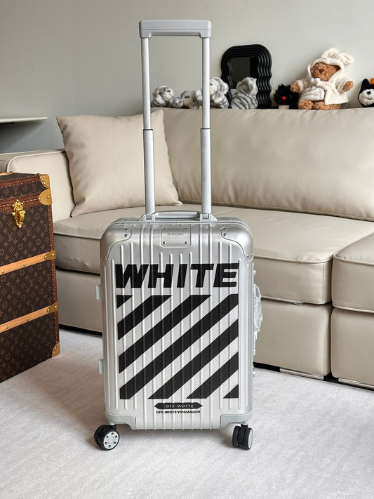 Silver Hardshell Carry-On Spinner Luggage with Black Diagonal Stripes