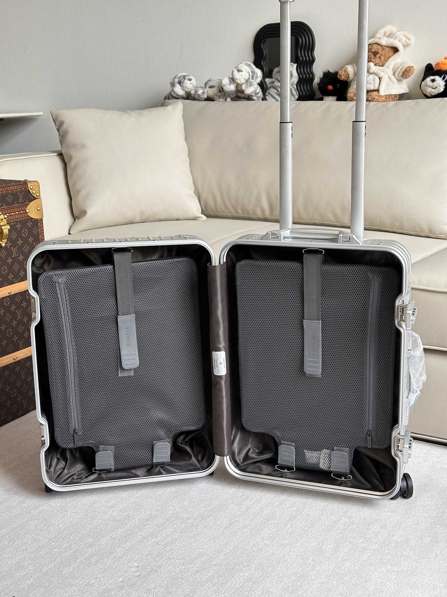 Silver Hardshell Carry-On Spinner Luggage with Black Diagonal Stripes