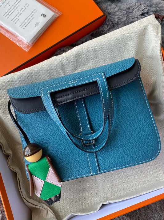 Hermès Blue Leather Halzan Style Handbag with Charm in Signature Box