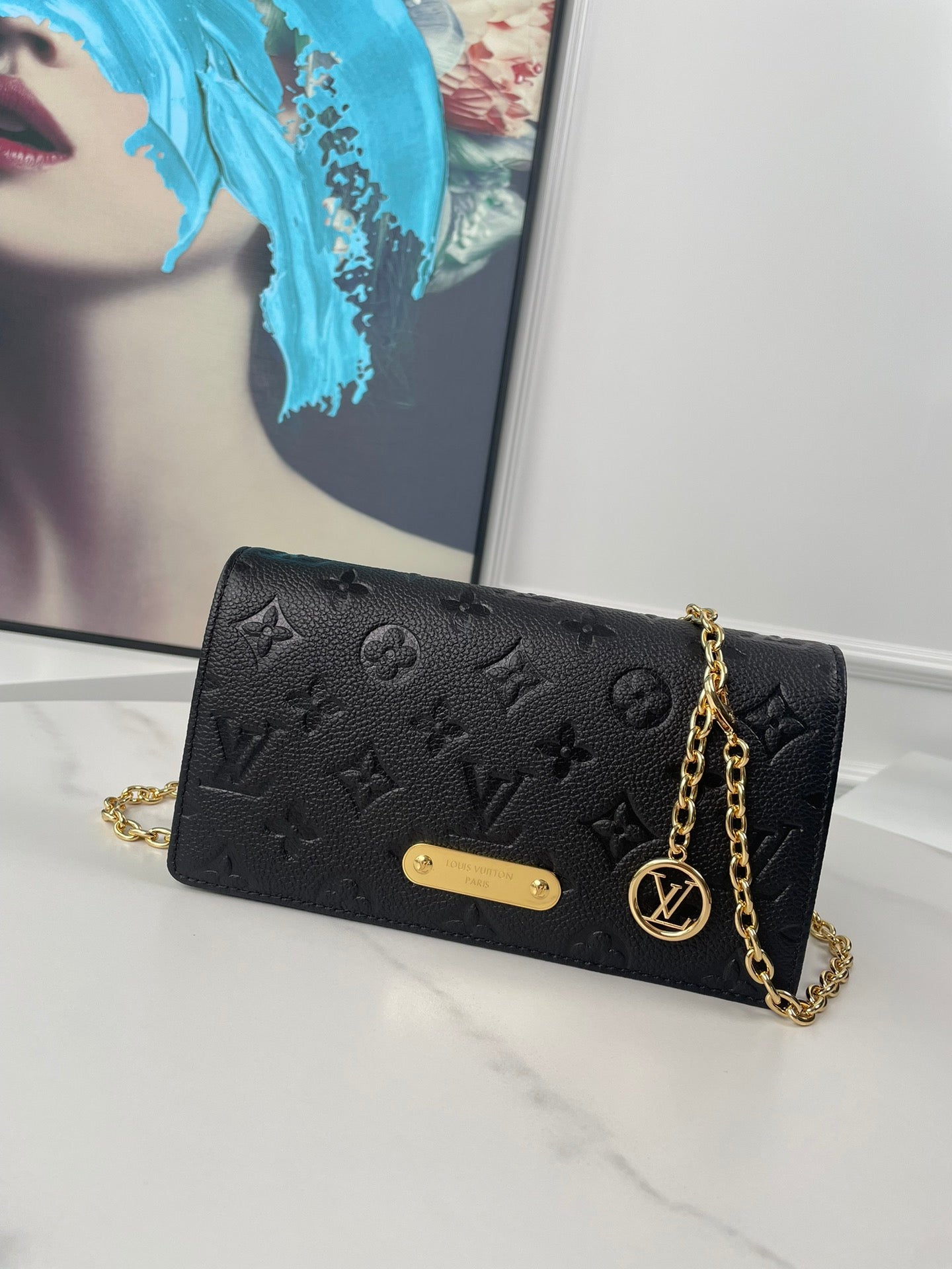 Louis Vuitton Black Embossed Monogram Leather Wallet on Chain Clutch
