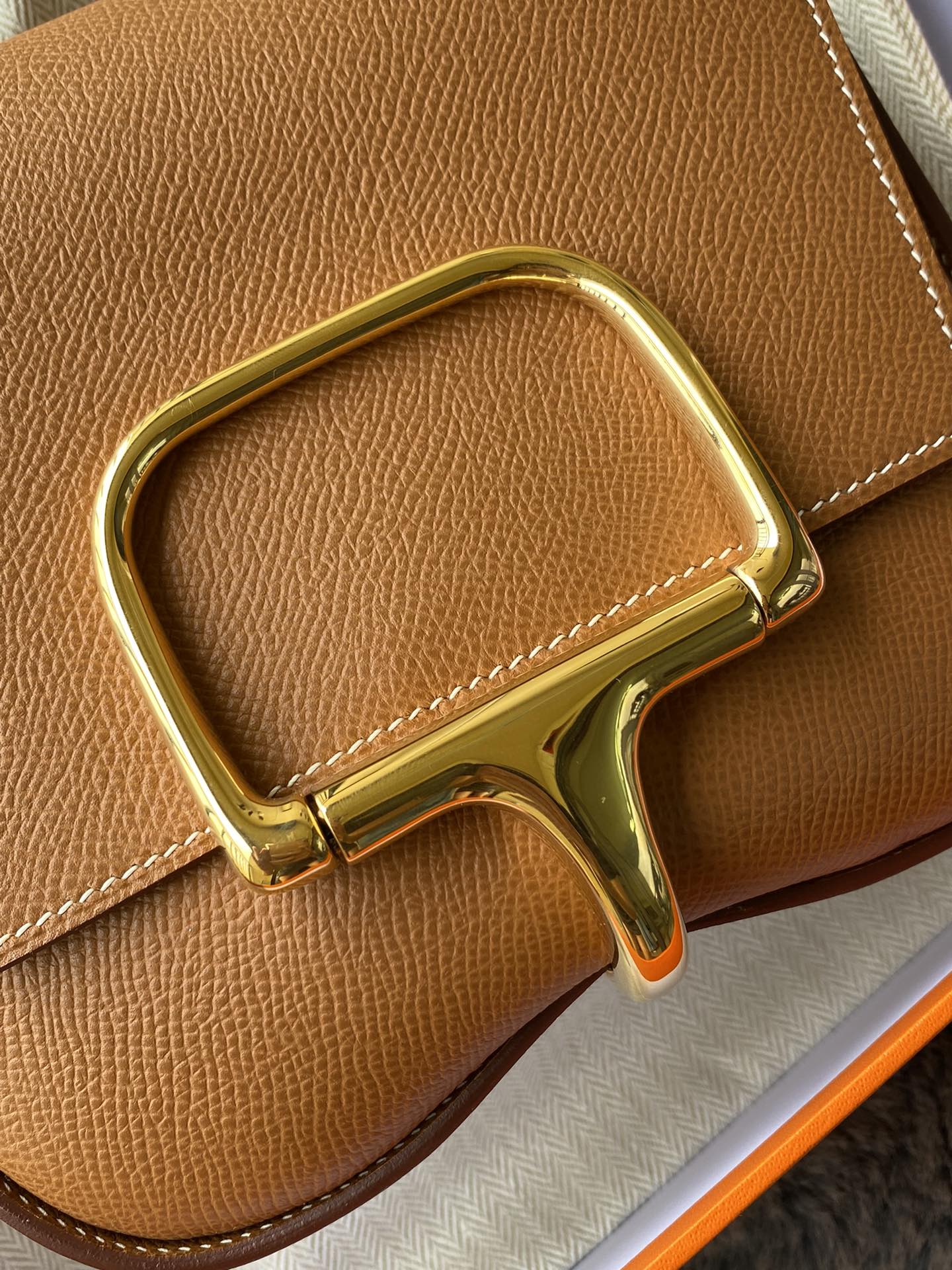 Luxury Tan Grained Leather Shoulder Bag with Statement Gold-Tone Buckle