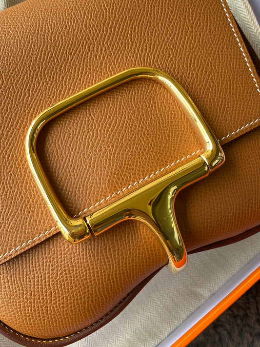 Luxury Tan Grained Leather Shoulder Bag with Statement Gold-Tone Buckle