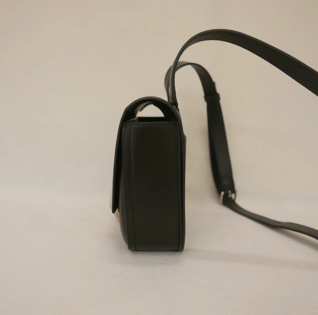 Black Leather Shoulder Bag with Silver Stirrup Hardware