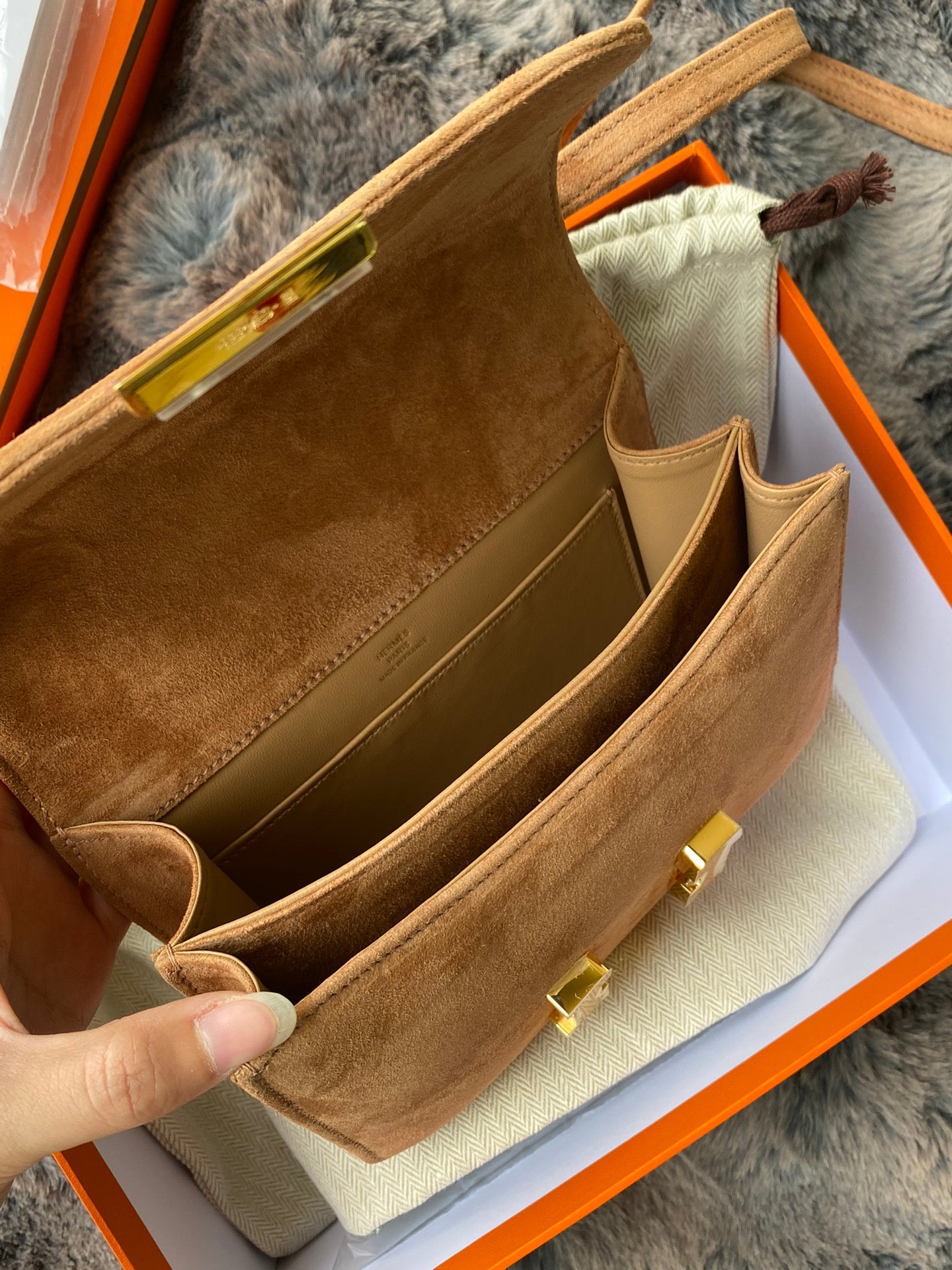 Tan Suede Crossbody Bag with Gold H-Clasp Buckle - Elegant Small Shoulder Bag