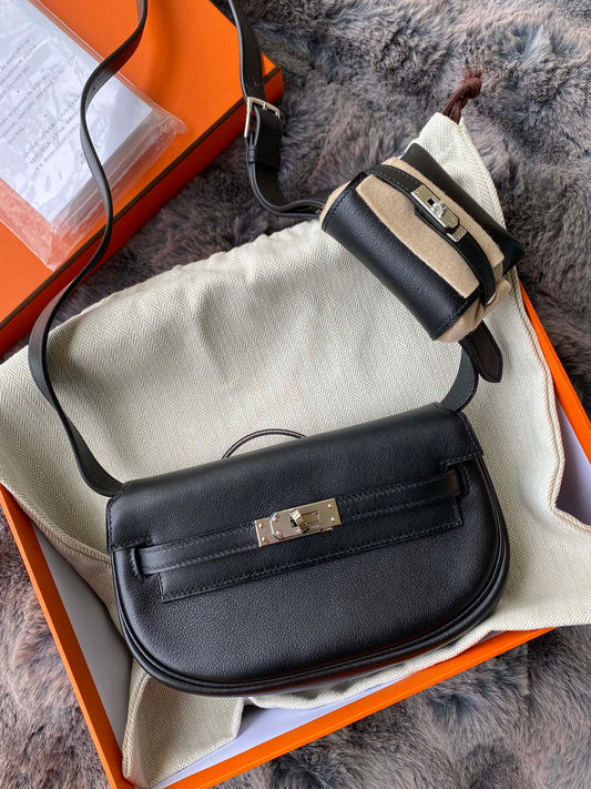 Hermès Kelly Danse Black Leather Shoulder Bag with Miniature Pouch Charm
