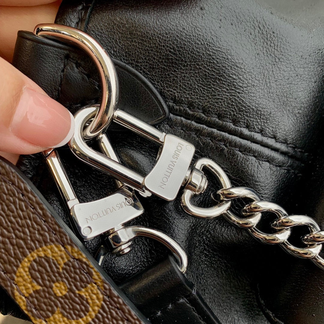 Louis Vuitton Slouchy Black Leather Shoulder Bag with Silver Chain Accent