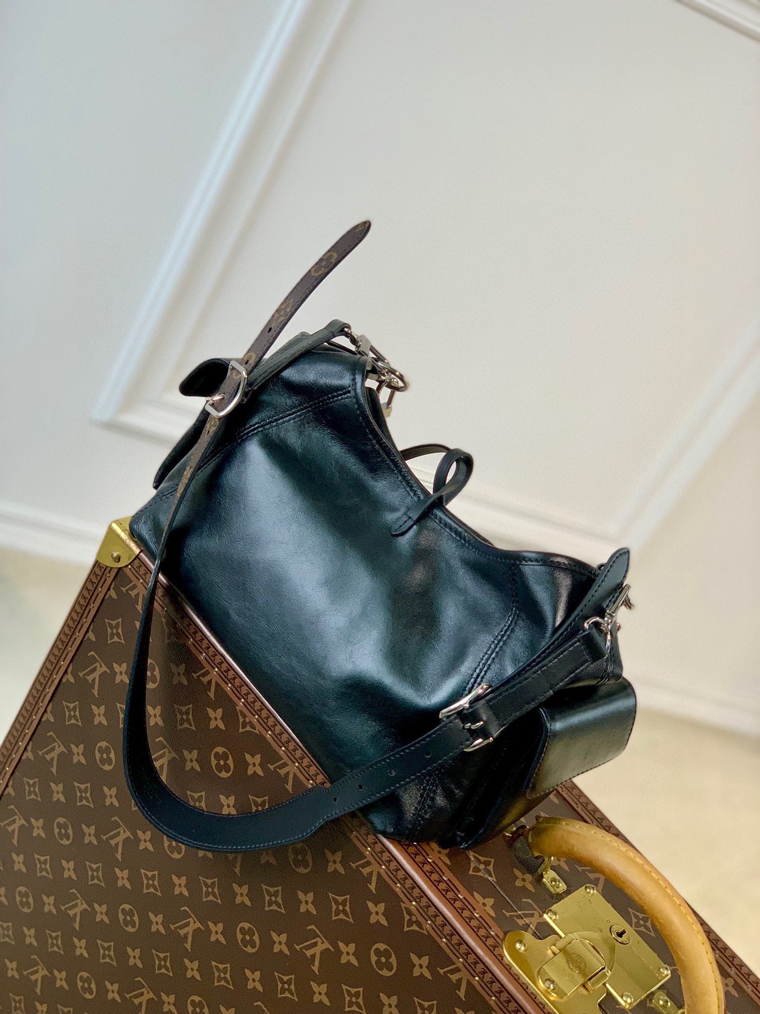 Louis Vuitton Slouchy Black Leather Shoulder Bag with Silver Chain Accent