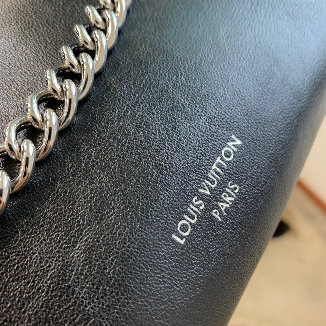 Louis Vuitton Slouchy Black Leather Shoulder Bag with Silver Chain Accent