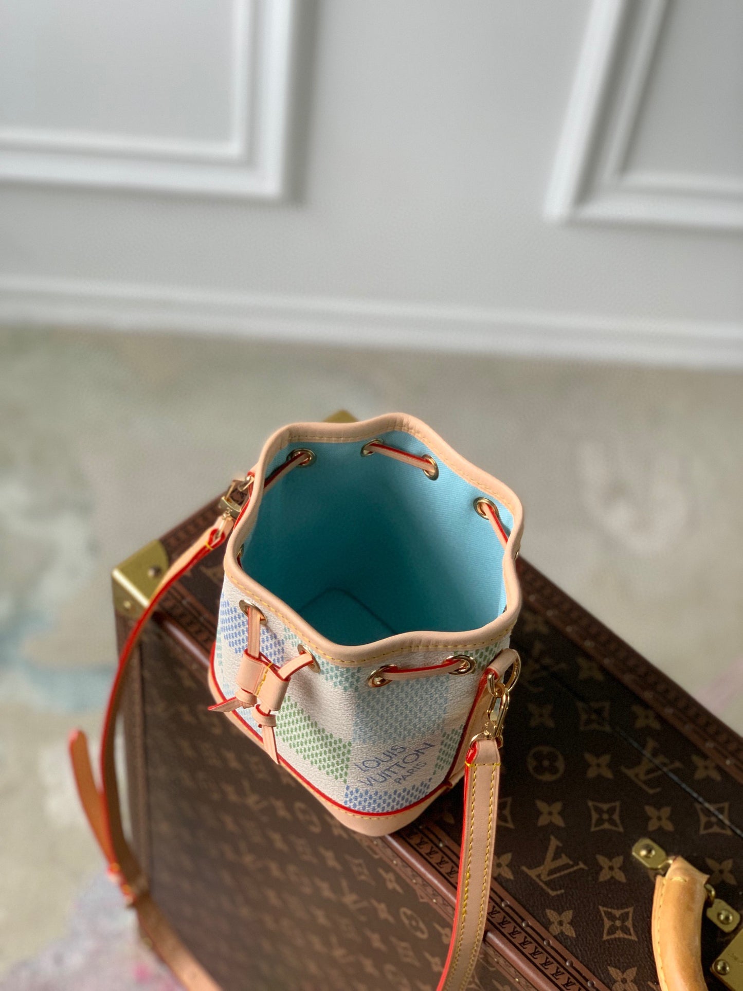 Louis Vuitton Pastel Checkerboard Drawstring Bucket Bag with Leather Strap