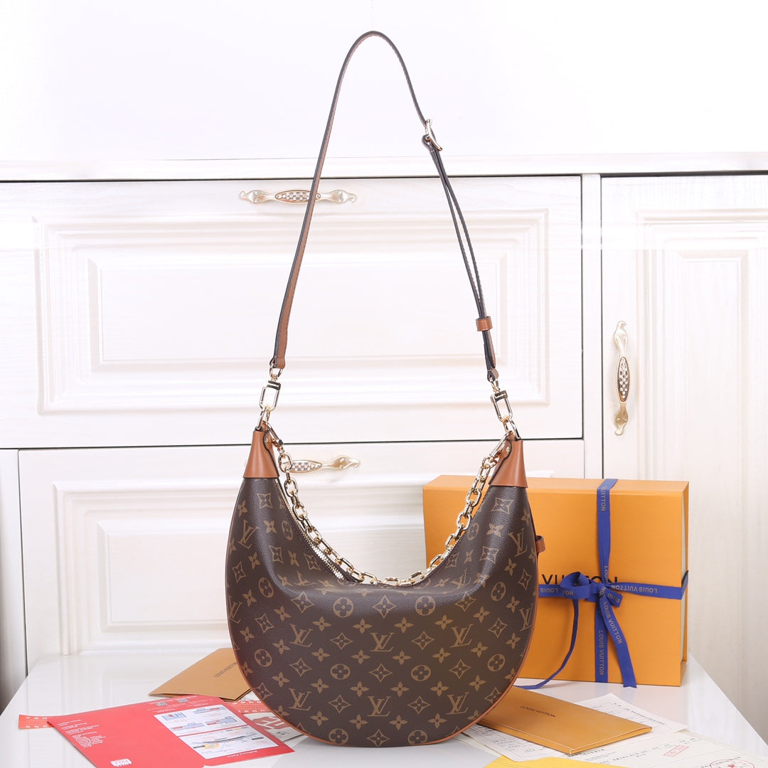 Louis Vuitton Classic Brown Monogram Crescent Shoulder Bag with Gold Chain