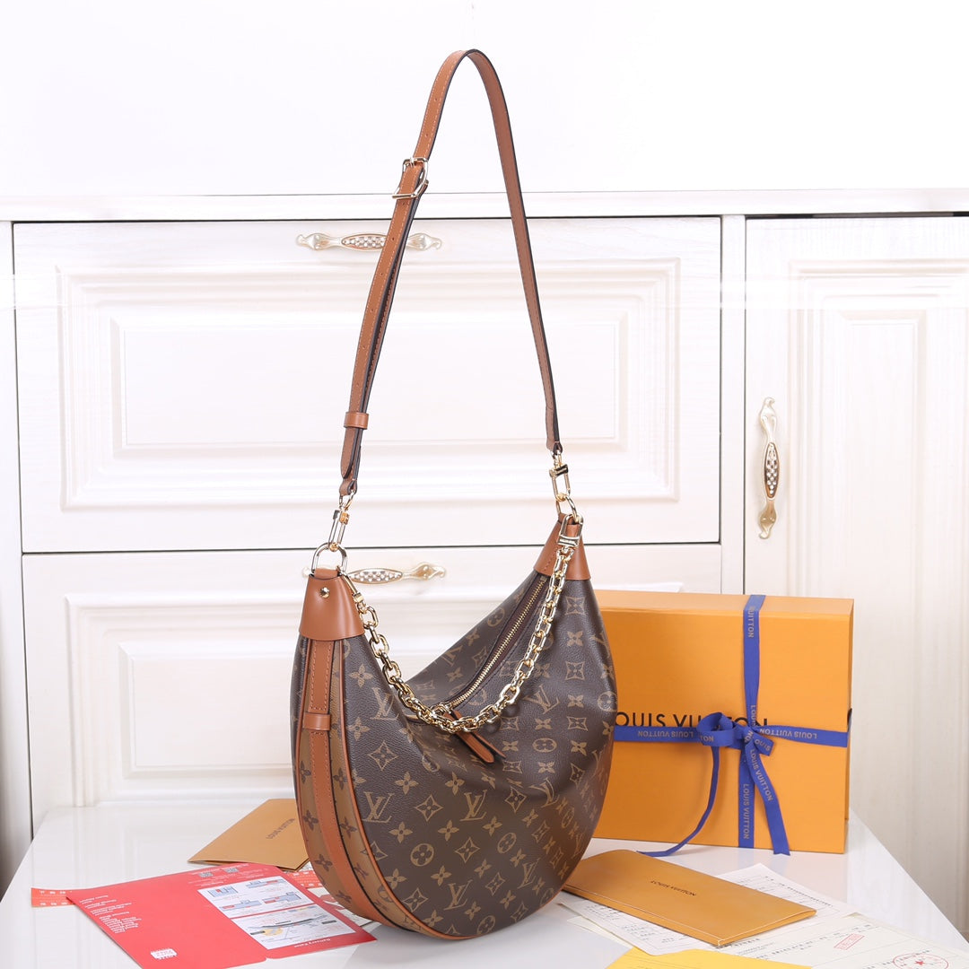 Louis Vuitton Classic Brown Monogram Crescent Shoulder Bag with Gold Chain