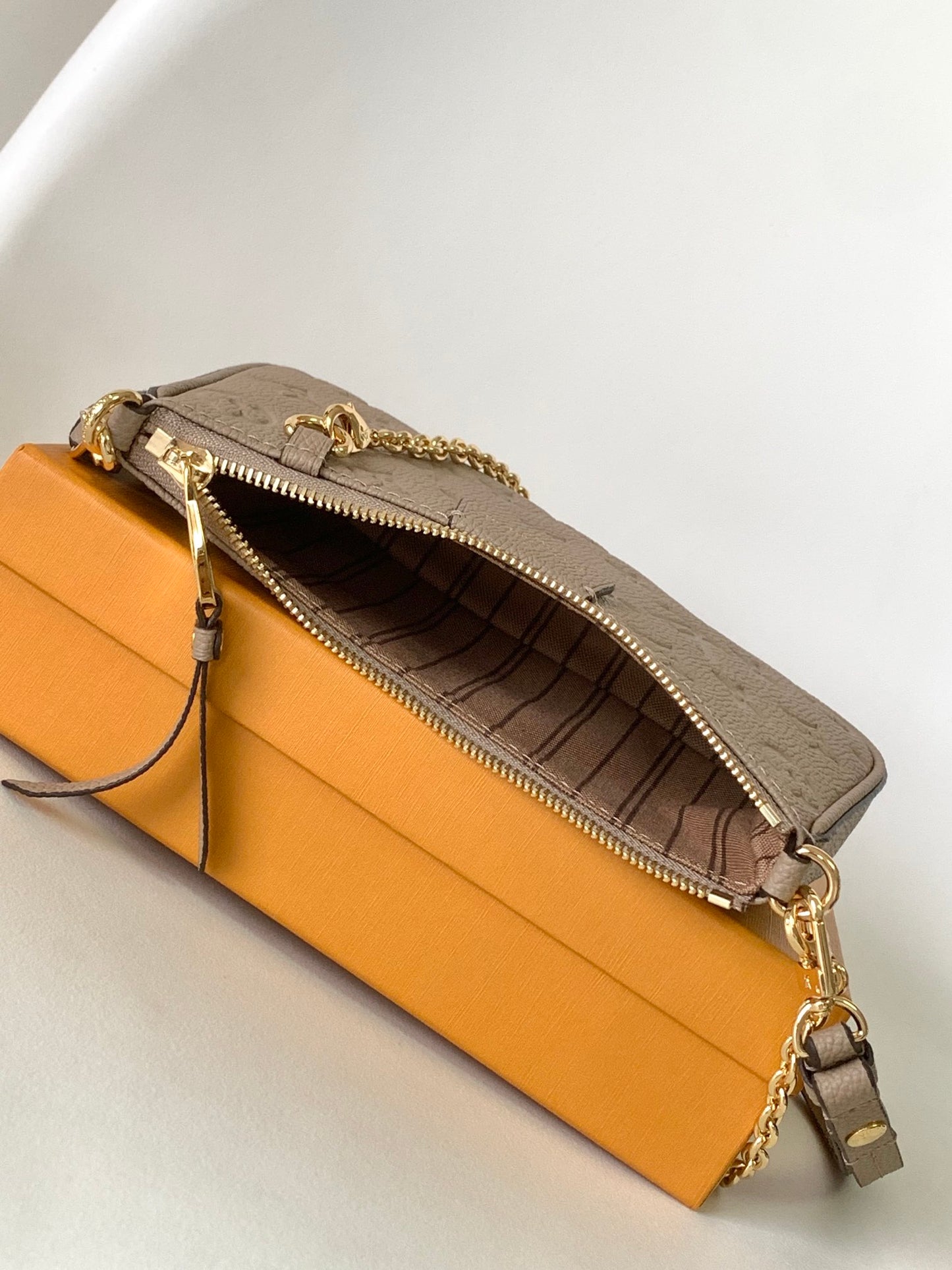 Louis Vuitton Taupe Embossed Leather Shoulder Bag with Gold Chain Strap