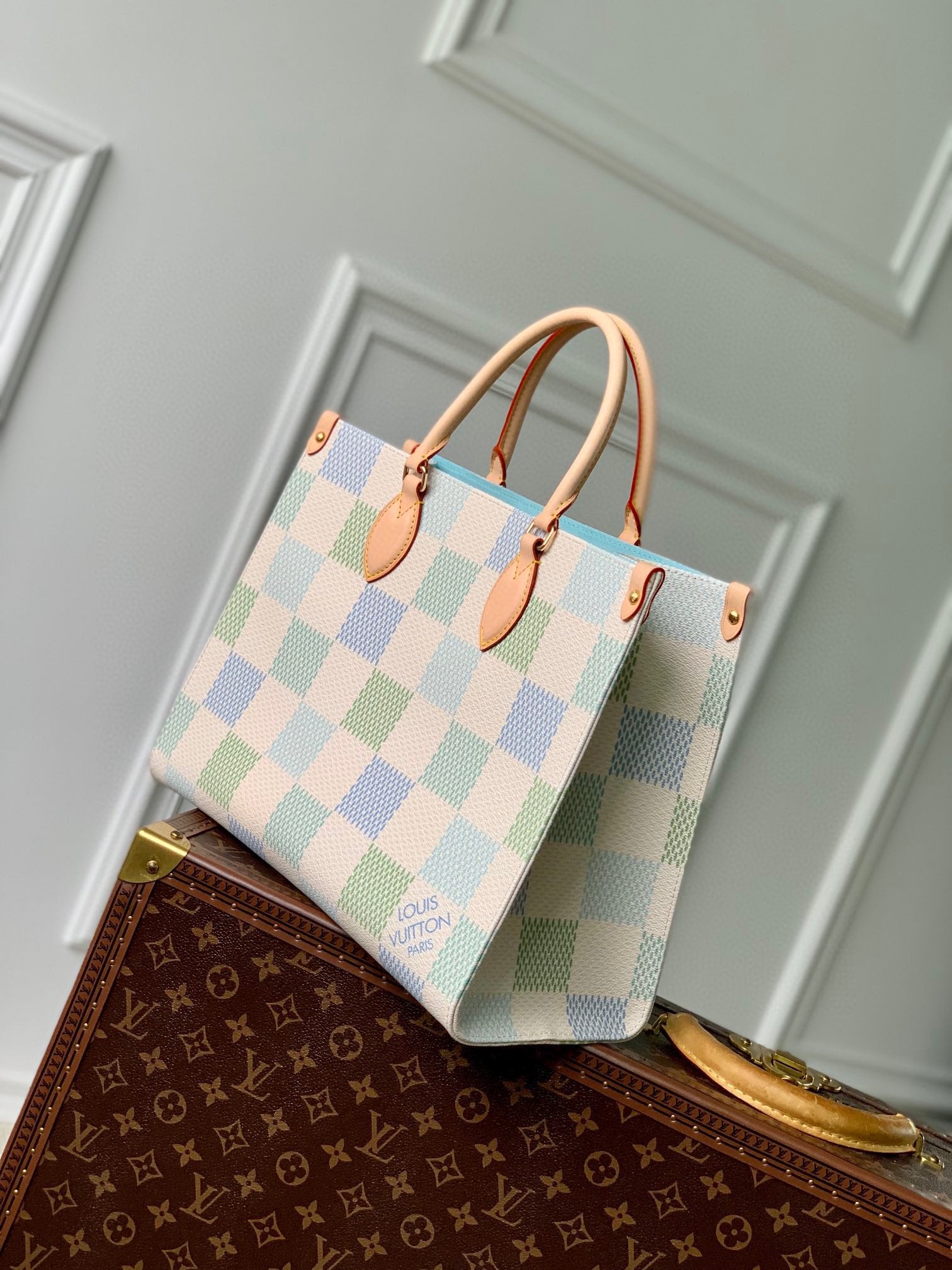 Louis Vuitton Pastel Checkered Pattern Canvas Tote Bag with Top Handles