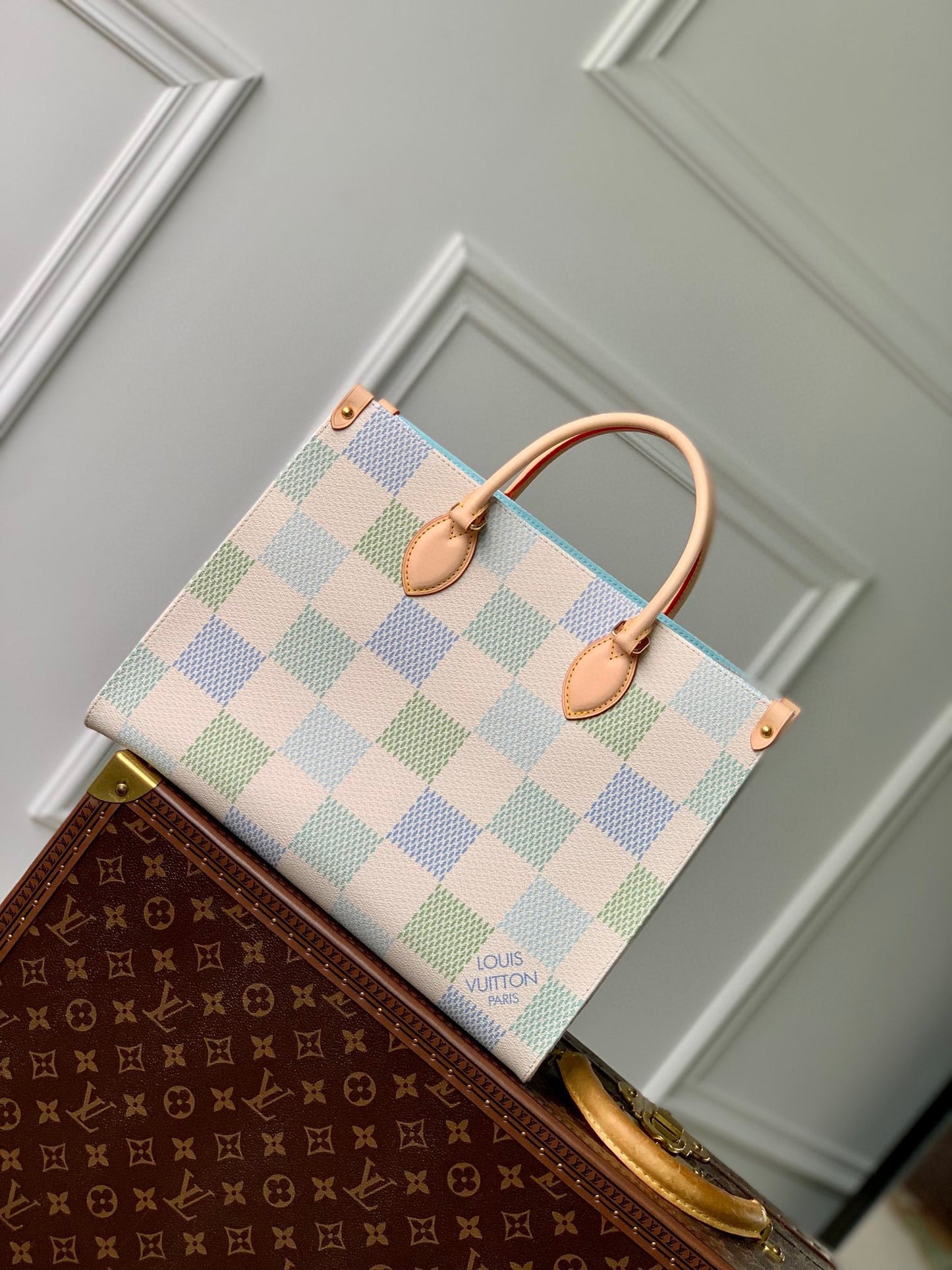 Louis Vuitton Pastel Checkered Pattern Canvas Tote Bag with Top Handles