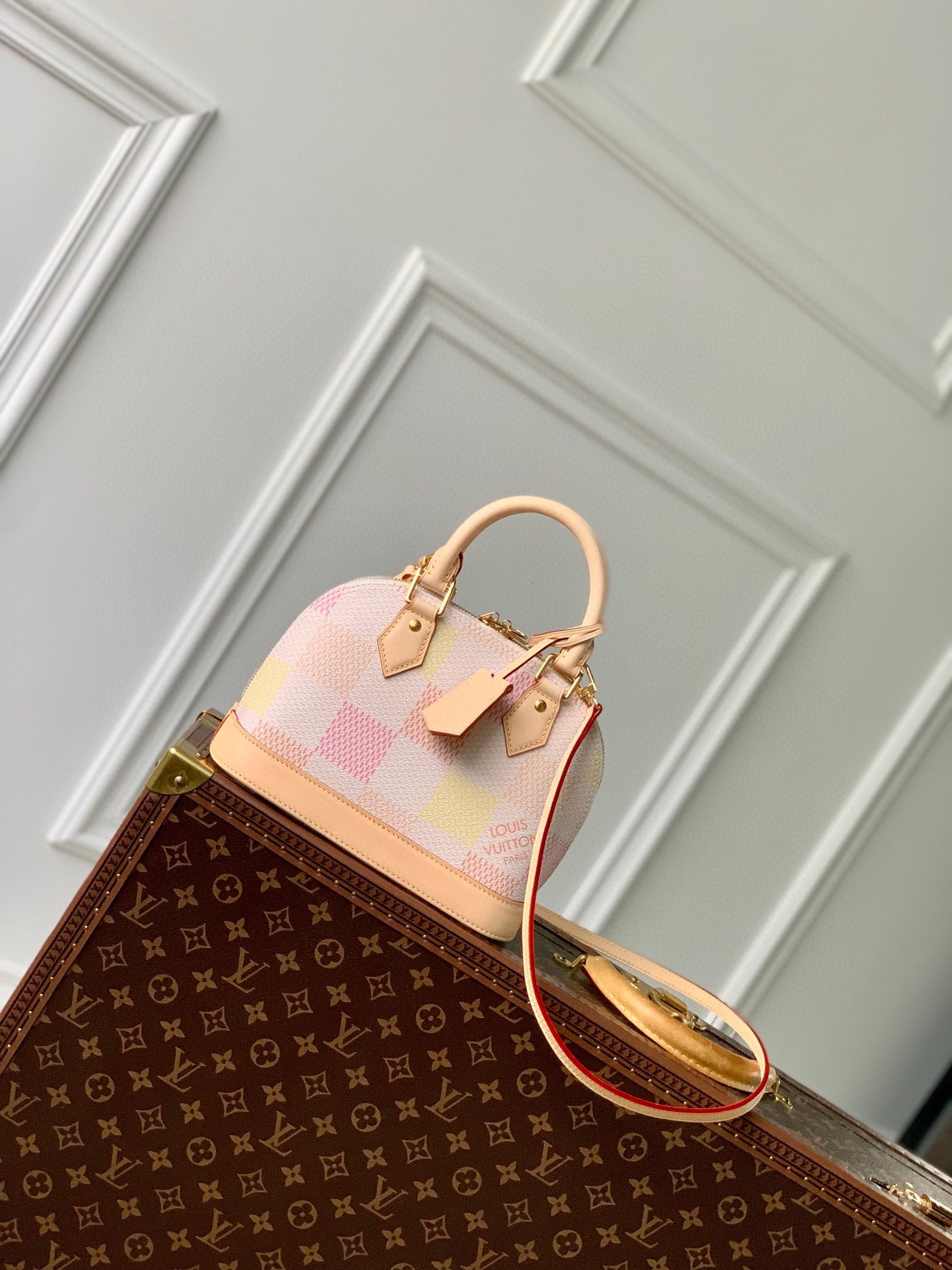 Louis Vuitton Elegant Pastel Checkered Dome Handbag with Leather Top Handle