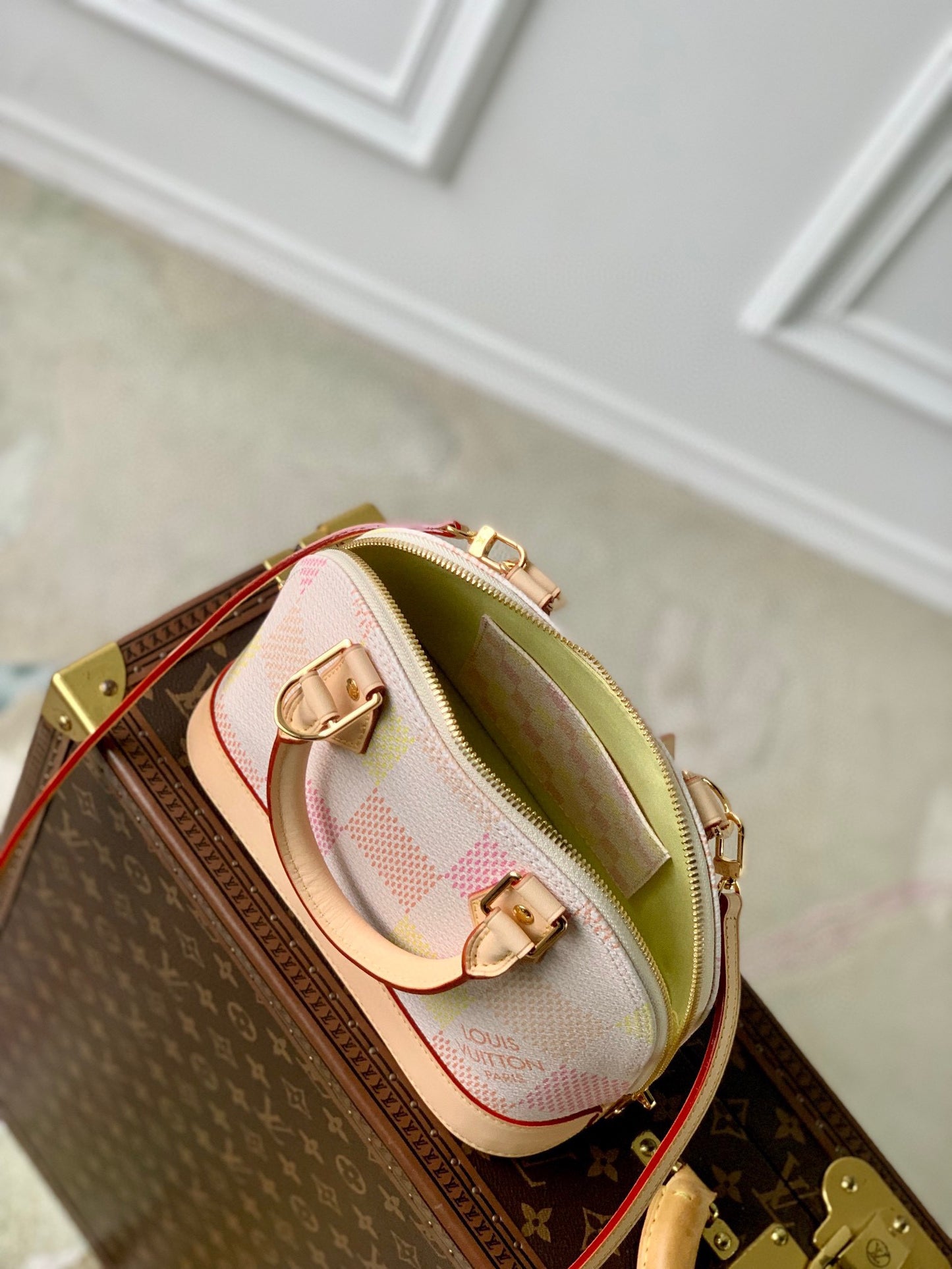 Louis Vuitton Elegant Pastel Checkered Dome Handbag with Leather Top Handle