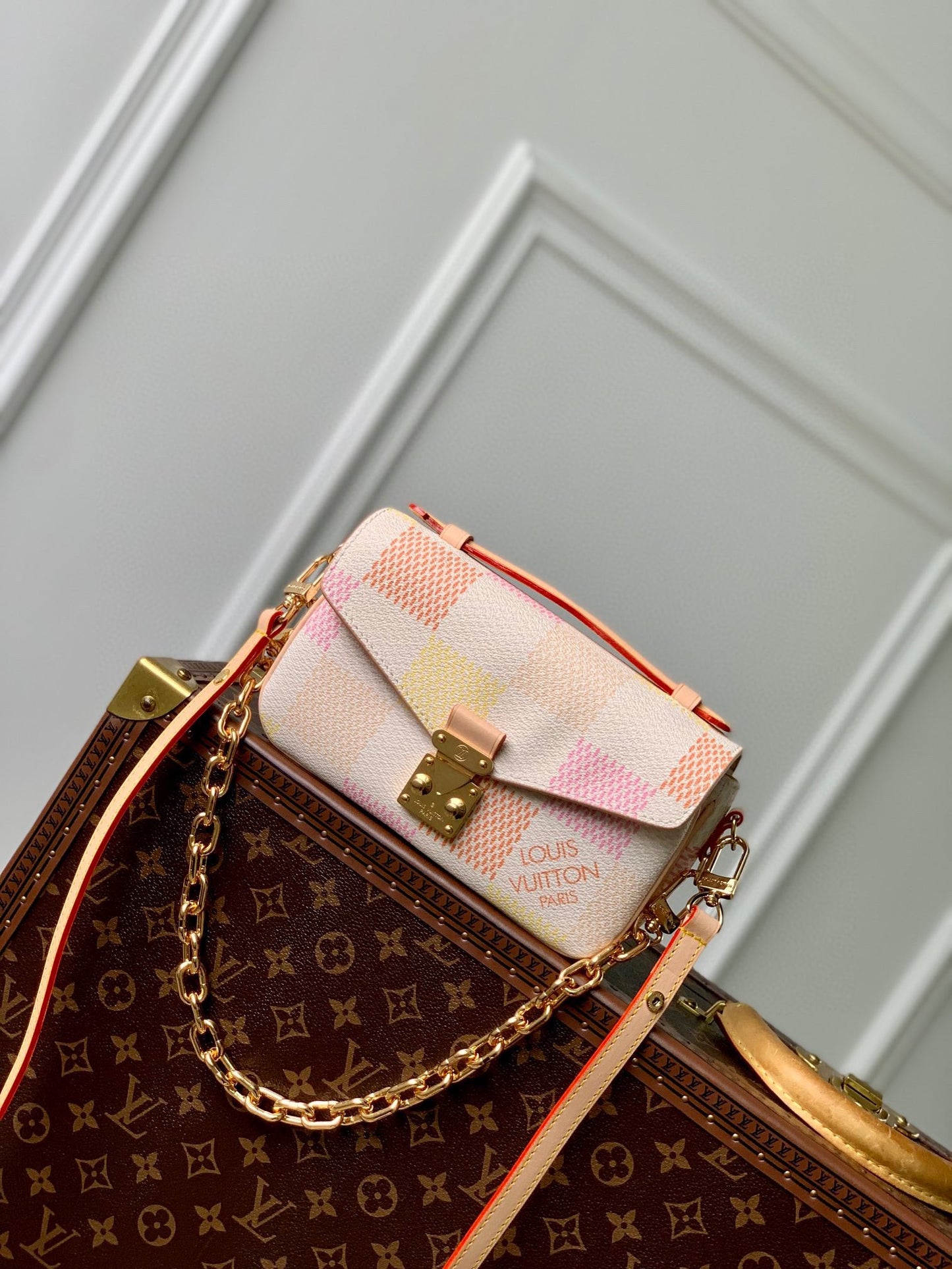 Louis Vuitton Elegant Pastel Checkered Crossbody Handbag with Gold Clasp