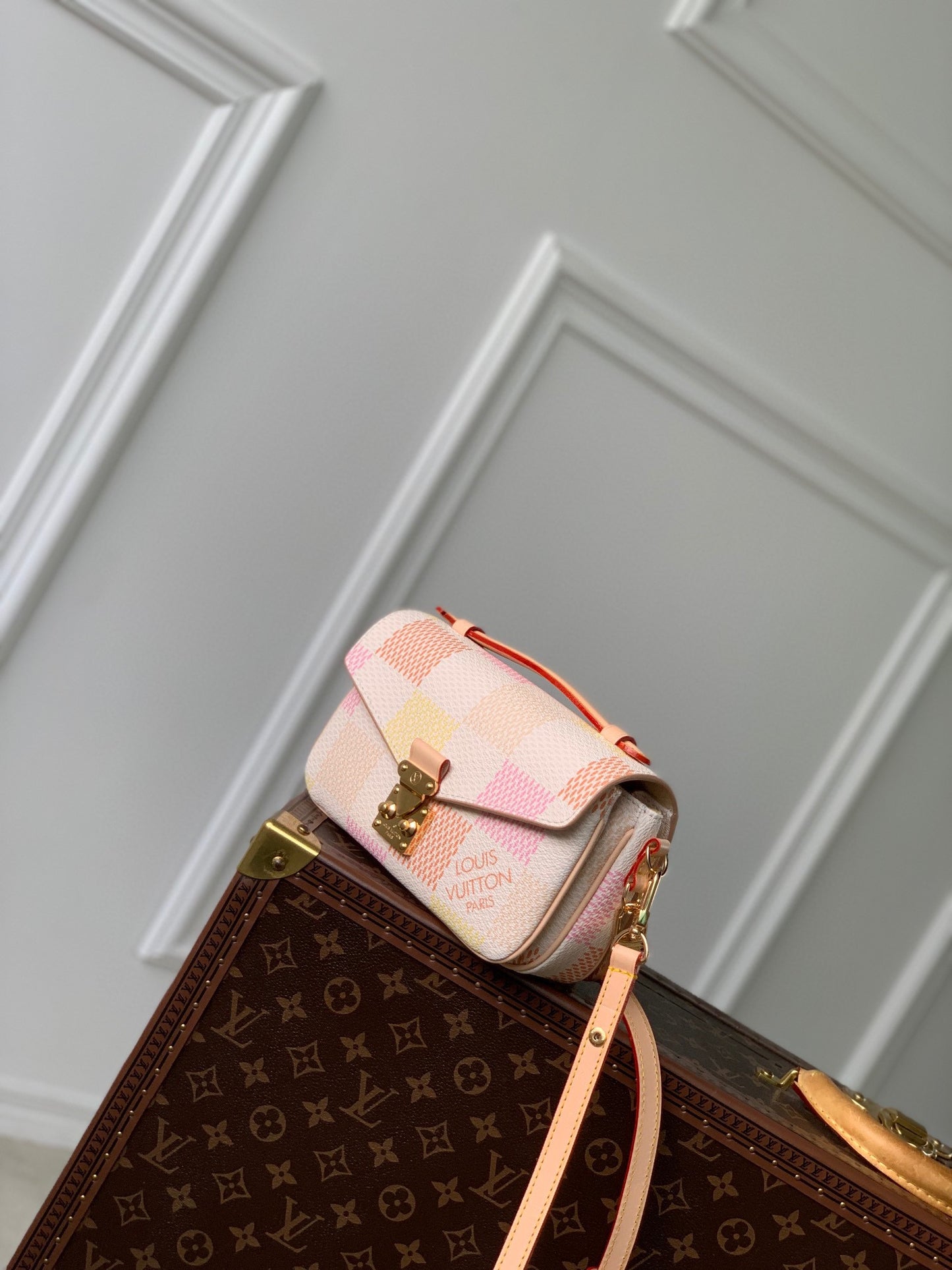 Louis Vuitton Elegant Pastel Checkered Crossbody Handbag with Gold Clasp