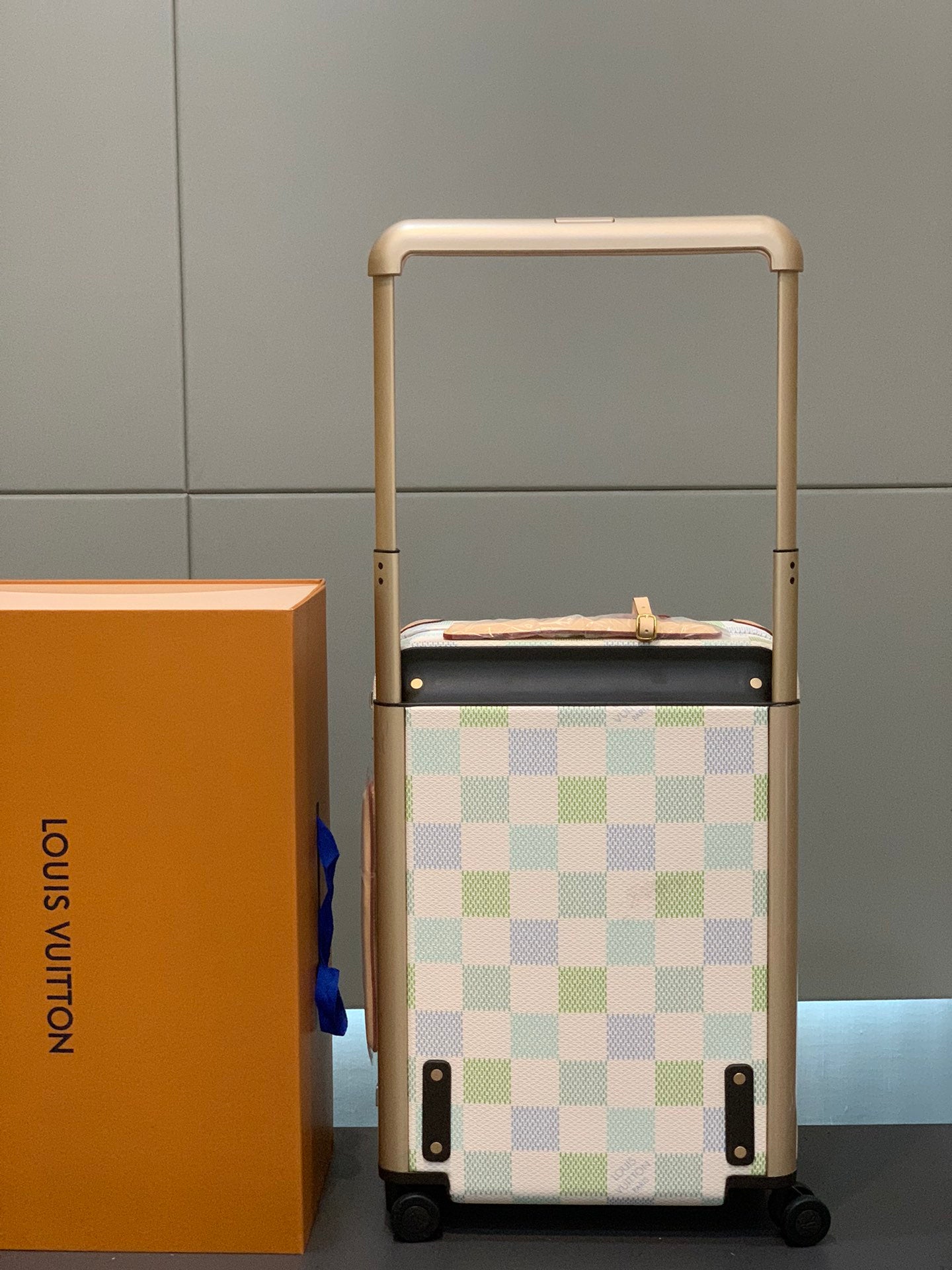Pastel Checkerboard Rolling Suitcase with Leather Trim