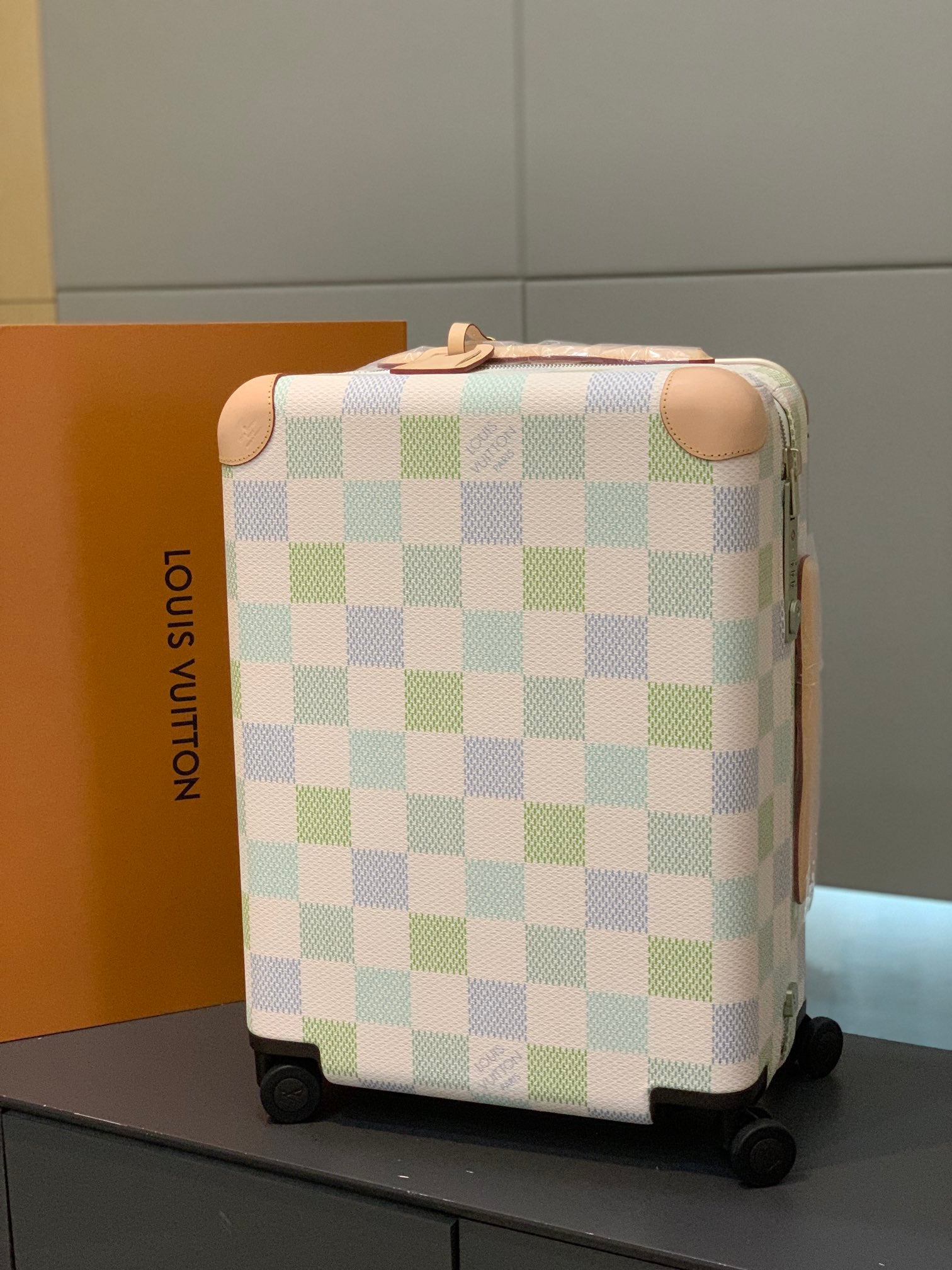 Pastel Checkerboard Rolling Suitcase with Leather Trim