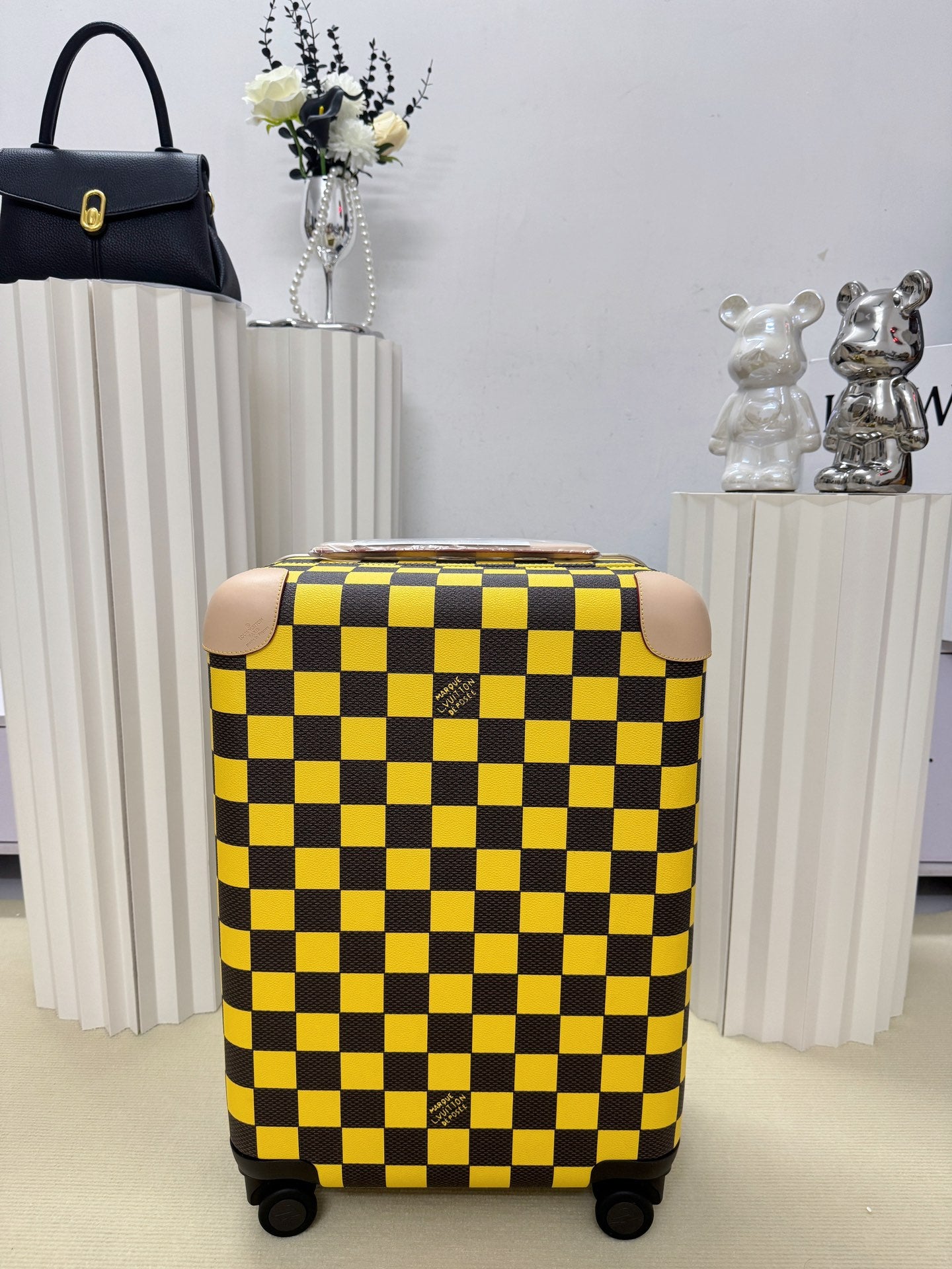 Vintage Yellow and Black Checkerboard Hardside Spinner Suitcase