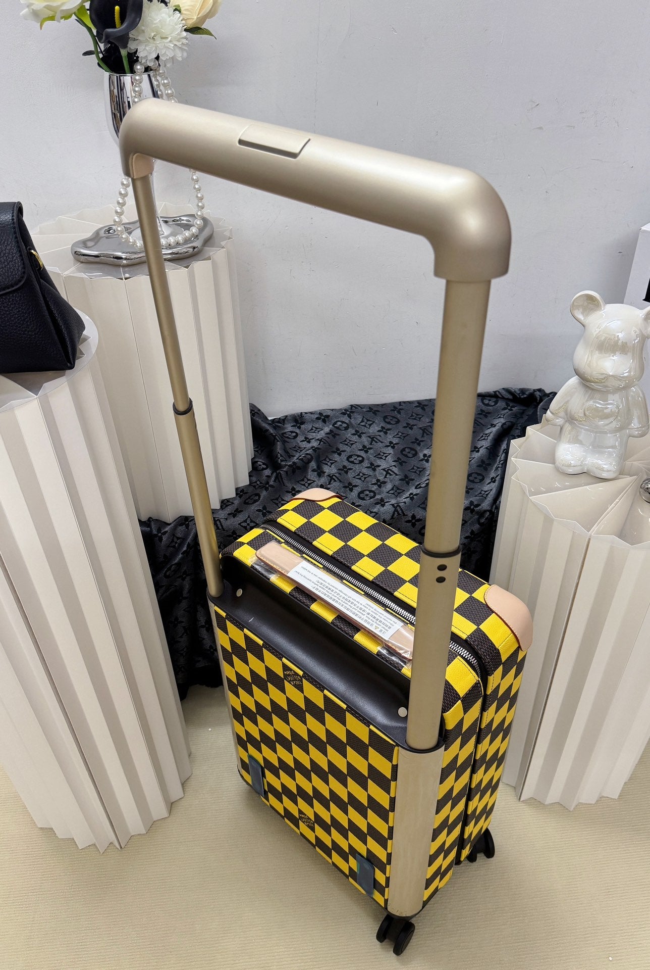 Vintage Yellow and Black Checkerboard Hardside Spinner Suitcase