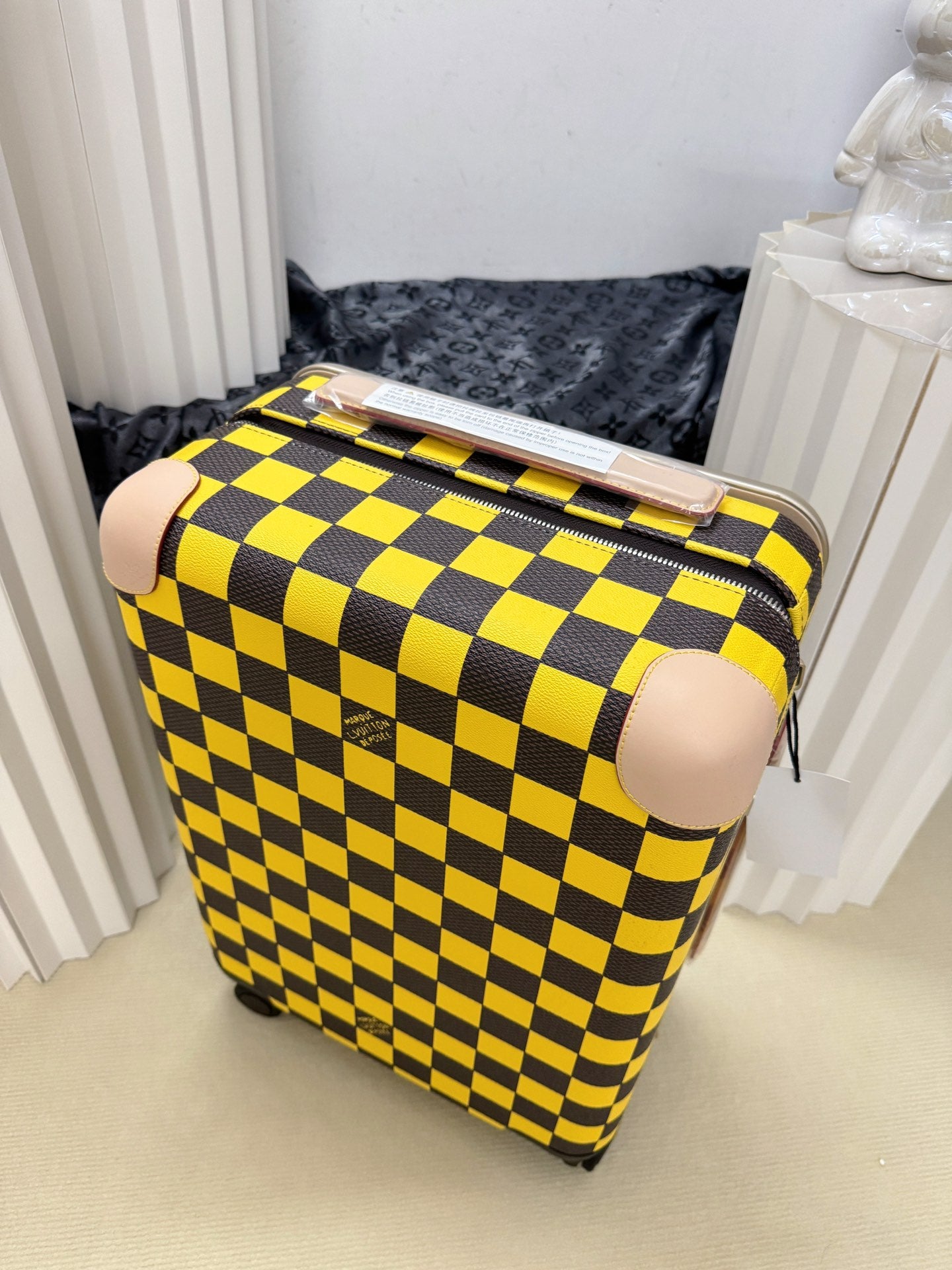 Vintage Yellow and Black Checkerboard Hardside Spinner Suitcase