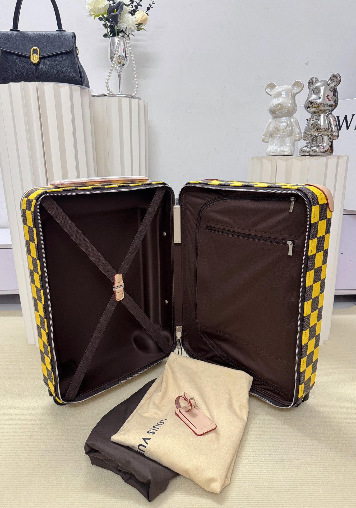 Vintage Yellow and Black Checkerboard Hardside Spinner Suitcase